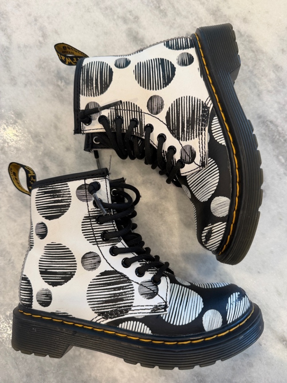 Dr. Martens Black & White Polka Dot Kids Lace-Up Boots - Size 12